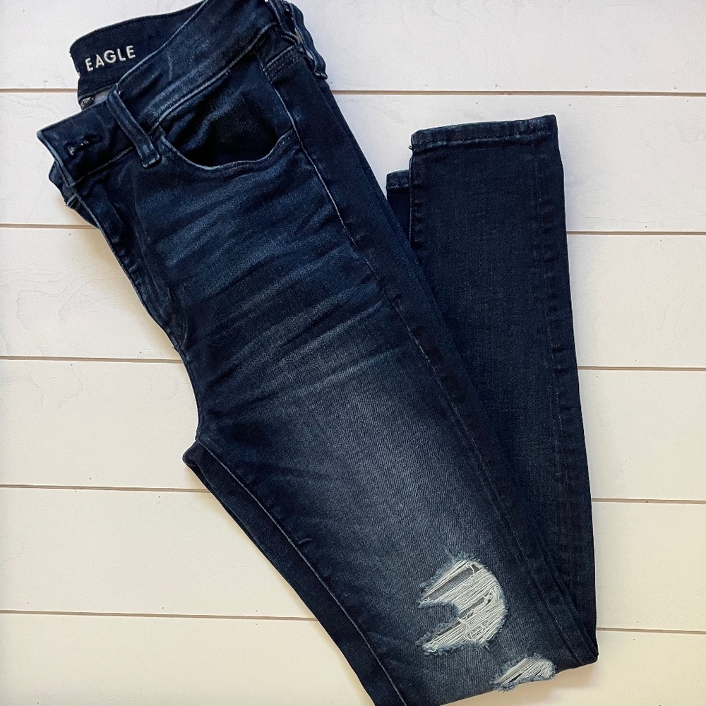 American Eagle Womens Hi Rise Jegging Dark Wash Size 6 Distressed Next Level